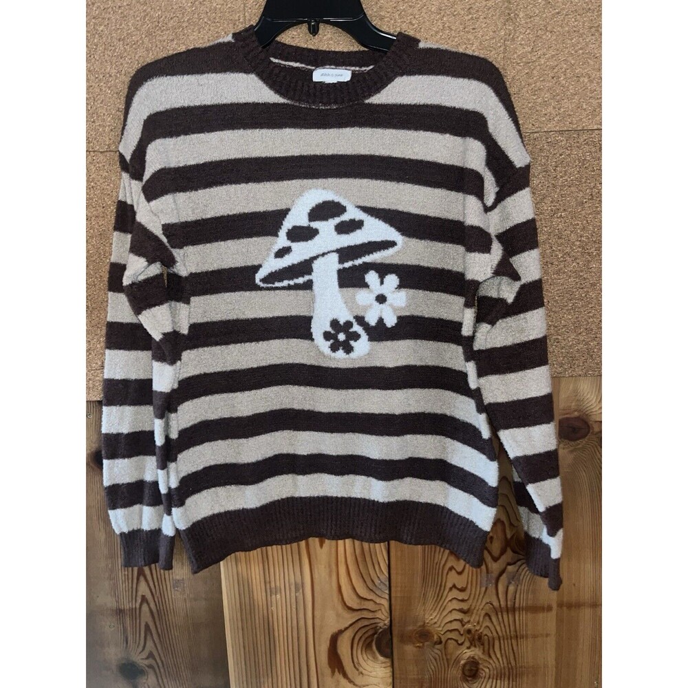 Stitch & Pine Striped Sweater Mushroom Graphic Women XS Brown Stripes Cozy